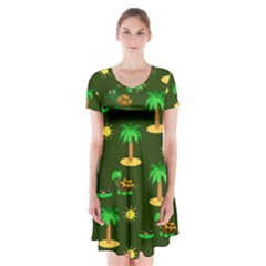 Turtle And Palm On Green Pattern Short Sleeve V-neck Flare Dress