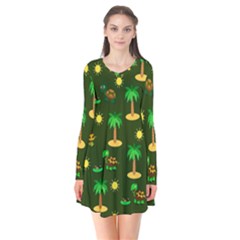 Turtle And Palm On Green Pattern Long Sleeve V-neck Flare Dress by Daria3107