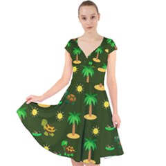 Turtle And Palm On Green Pattern Cap Sleeve Front Wrap Midi Dress by Daria3107