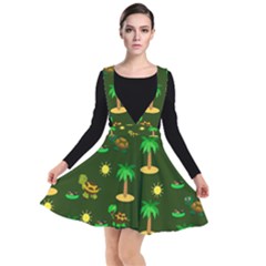 Turtle And Palm On Green Pattern Plunge Pinafore Dress by Daria3107