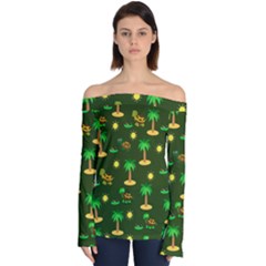 Turtle And Palm On Green Pattern Off Shoulder Long Sleeve Top