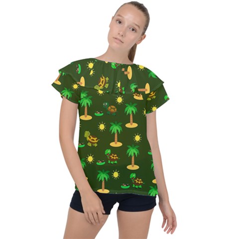 Turtle And Palm On Green Pattern Ruffle Collar Chiffon Blouse by Daria3107