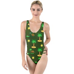 Turtle And Palm On Green Pattern High Leg Strappy Swimsuit