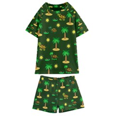 Turtle And Palm On Green Pattern Kids  Swim Tee and Shorts Set