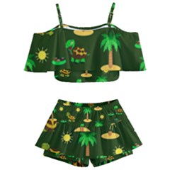 Turtle And Palm On Green Pattern Kids  Off Shoulder Skirt Bikini