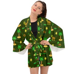 Turtle And Palm On Green Pattern Long Sleeve Kimono by Daria3107