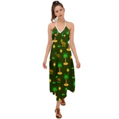 Turtle And Palm On Green Pattern Halter Tie Back Dress  by Daria3107