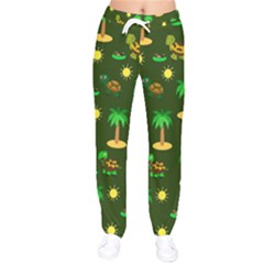 Turtle And Palm On Green Pattern Women Velvet Drawstring Pants by Daria3107