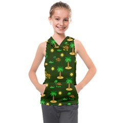 Turtle And Palm On Green Pattern Kids  Sleeveless Hoodie by Daria3107