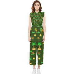 Turtle And Palm On Green Pattern Women s Frill Top Jumpsuit by Daria3107