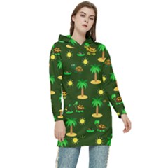 Turtle And Palm On Green Pattern Women s Long Oversized Pullover Hoodie by Daria3107