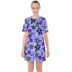 Purple Flower On Lilac Sixties Short Sleeve Mini Dress