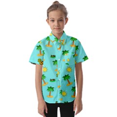 Turtle And Palm On Blue Pattern Kids  Short Sleeve Shirt by Daria3107