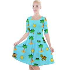 Turtle And Palm On Blue Pattern Quarter Sleeve A-line Dress by Daria3107