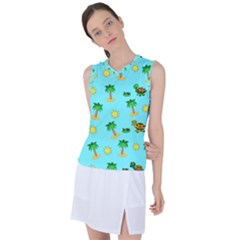 Turtle And Palm On Blue Pattern Women s Sleeveless Sports Top by Daria3107