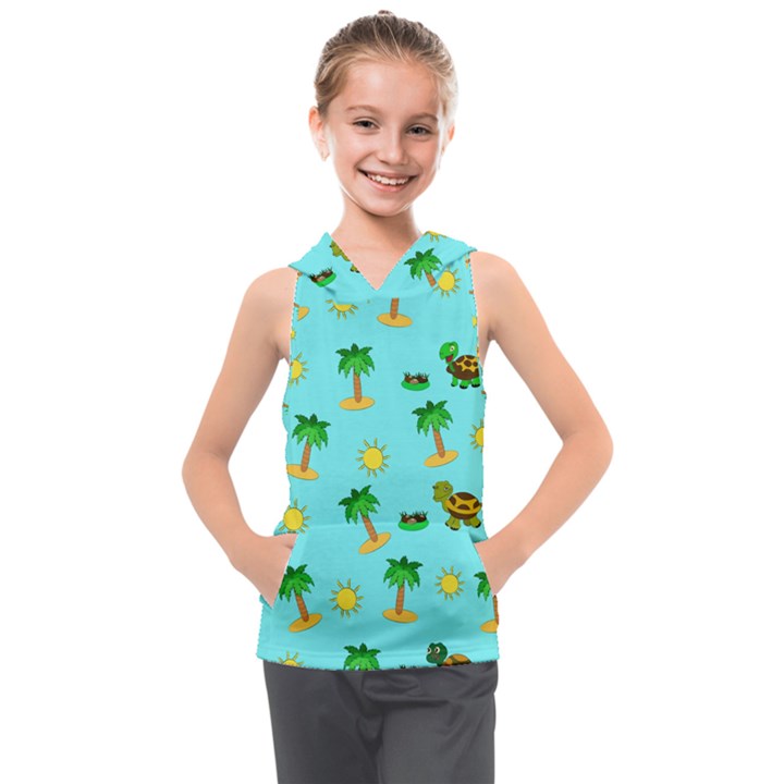 Turtle And Palm On Blue Pattern Kids  Sleeveless Hoodie