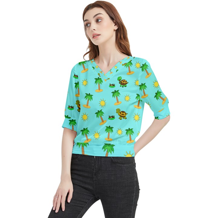 Turtle And Palm On Blue Pattern Quarter Sleeve Blouse