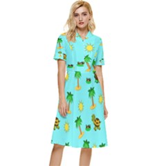 Turtle And Palm On Blue Pattern Button Top Knee Length Dress
