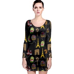 Paris Street Pattern On Black Long Sleeve Bodycon Dress