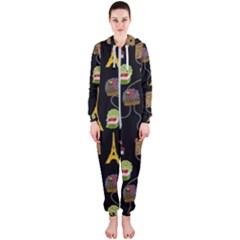 Paris Street Pattern On Black Hooded Jumpsuit (Ladies) 