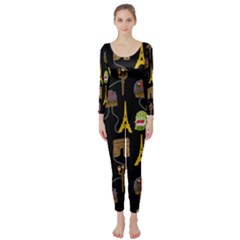 Paris Street Pattern On Black Long Sleeve Catsuit