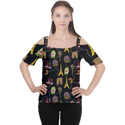 Paris Street Pattern On Black Cutout Shoulder Tee by Daria3107