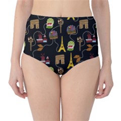 Paris Street Pattern On Black Classic High-Waist Bikini Bottoms