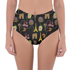 Paris Street Pattern On Black Reversible High-Waist Bikini Bottoms