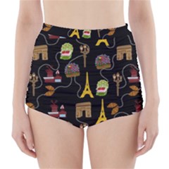 Paris Street Pattern On Black High-Waisted Bikini Bottoms