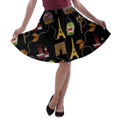 Paris Street Pattern On Black A-line Skater Skirt