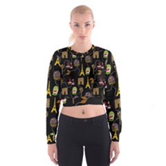 Paris Street Pattern On Black Cropped Sweatshirt