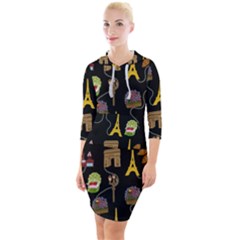 Paris Street Pattern On Black Quarter Sleeve Hood Bodycon Dress