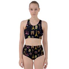 Paris Street Pattern On Black Racer Back Bikini Set