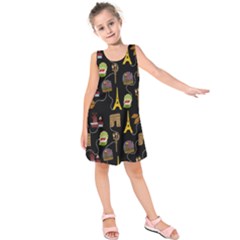 Paris Street Pattern On Black Kids  Sleeveless Dress