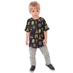 Paris Street Pattern On Black Kids  Raglan Tee