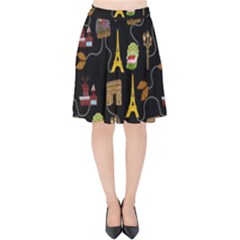 Paris Street Pattern On Black Velvet High Waist Skirt