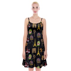 Paris Street Pattern On Black Spaghetti Strap Velvet Dress