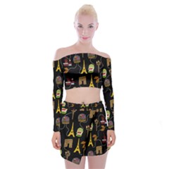 Paris Street Pattern On Black Off Shoulder Top With Mini Skirt Set by Daria3107