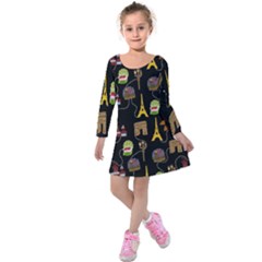 Paris Street Pattern On Black Kids  Long Sleeve Velvet Dress