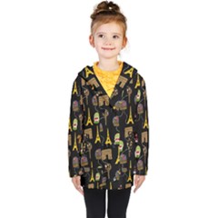 Paris Street Pattern On Black Kids  Double Breasted Button Coat