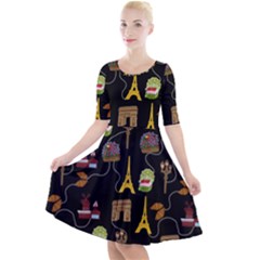 Paris Street Pattern On Black Quarter Sleeve A-Line Dress