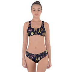 Paris Street Pattern On Black Criss Cross Bikini Set