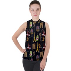 Paris Street Pattern On Black Mock Neck Chiffon Sleeveless Top