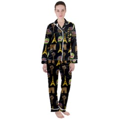 Paris Street Pattern On Black Satin Long Sleeve Pajamas Set