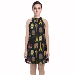 Paris Street Pattern On Black Velvet Halter Neckline Dress 