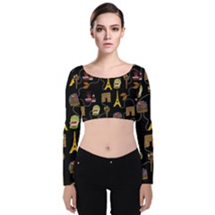 Paris Street Pattern On Black Velvet Long Sleeve Crop Top