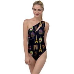 Paris Street Pattern On Black To One Side Swimsuit