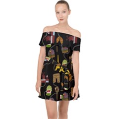 Paris Street Pattern On Black Off Shoulder Chiffon Dress