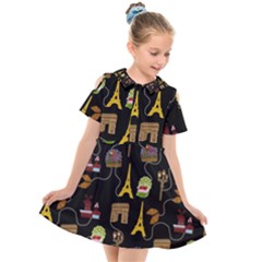 Paris Street Pattern On Black Kids  Short Sleeve Shirt Dress