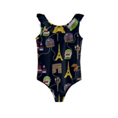 Paris Street Pattern On Black Kids  Frill Swimsuit